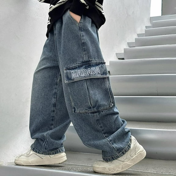 WMTBSRSW Boys Baggy Jeans for Kids Teen Casual Straight Wide Leg Cargo Jeans Y2K Loose Elastic Waist Denim Pants Trousers with Pockets Blue 14 Years
