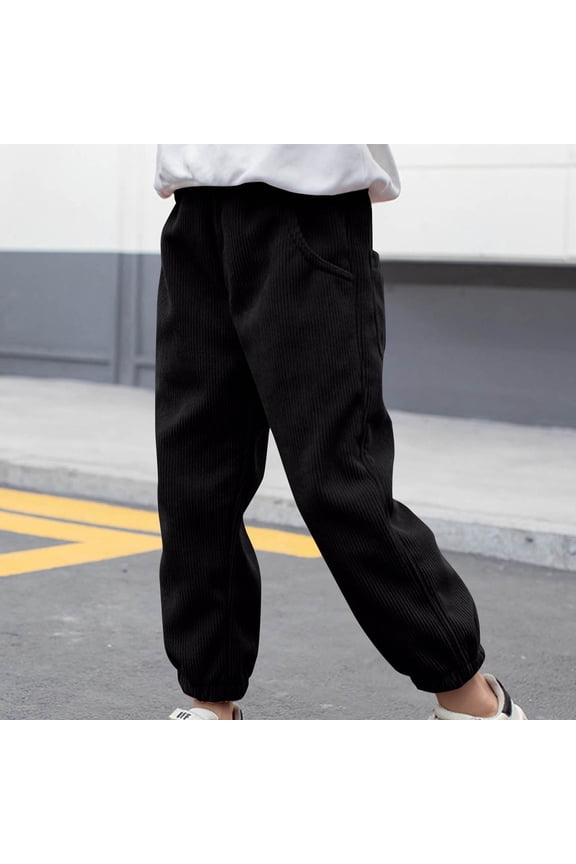Boys Corduroy Jogger Pants Ribbed Parachute Trousers with Pockets Winter Warm Outdoor Jogger Pants for Playwear Black 3-4Years