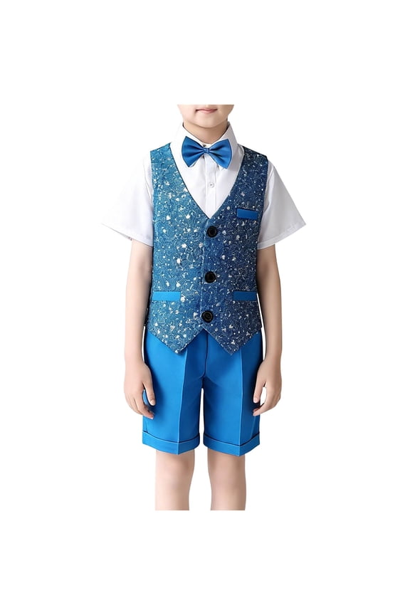 Boys School Uniform Suit Dress Clothes 4 Piece Sequined Vest Short Sleeve Shirt Shorts and Bow Tie Sets Wedding Ring Bearer Outfit Blue 7-8 Years