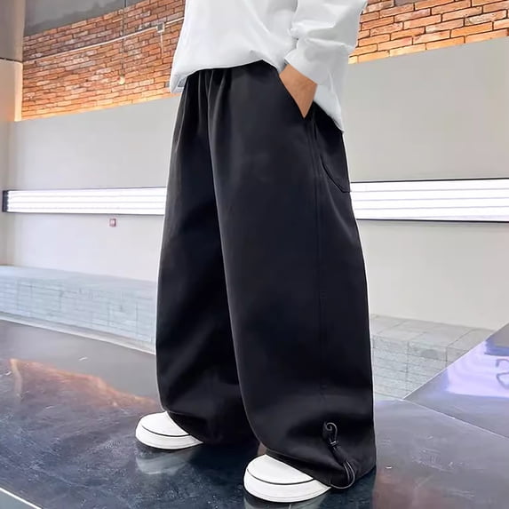 WMTBSRSW Boys Wide Leg Cargo Pants Baggy Streetwear Elastic Waist Solid Color Joggers Sweatpants Comfy Casual Loose Trouser with Big Pockets Black2
