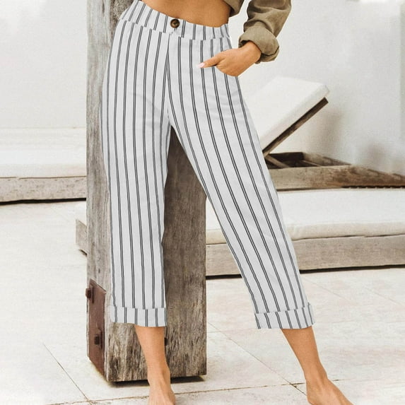 WMTBSRSW Capri Pants for Women Summer Straight Leg Drawstrings High Waist Trousers Casual Striped Print Loose Breathable Work Pants with Pockets