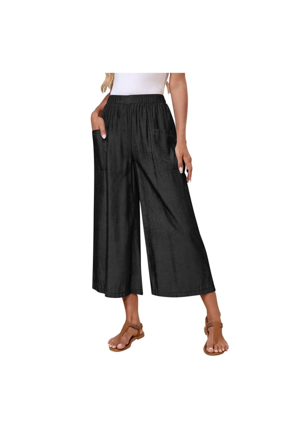 Capri Pants for Women High Waisted Wide Leg Palazzo Trousers Pull On Elastic Waist Loose Flowy Pants for Work Travel Black X-Large