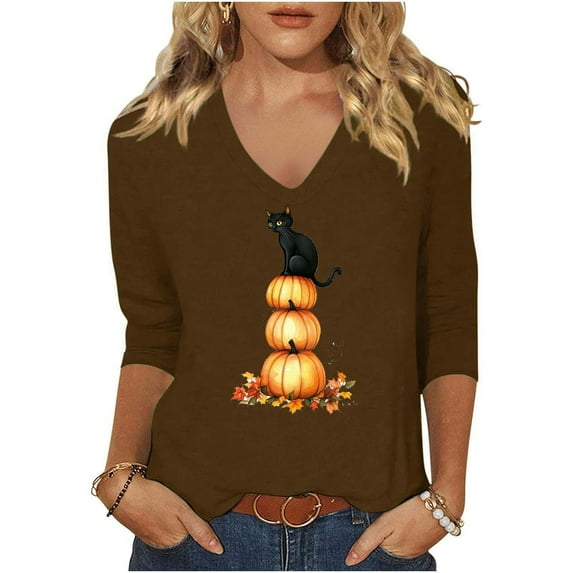 WMTBSRSW Casual 3/4 Sleeve V Neck Shirt for Women Funny Holiday Graphic Tee Fall Winter Loose Thanksgiving Pumpkin Print Tunic Tops