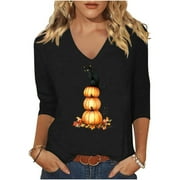 WMTBSRSW Casual 3/4 Sleeve V Neck Shirt for Women Funny Holiday Graphic Tee Fall Winter Loose Thanksgiving Pumpkin Print Tunic Tops
