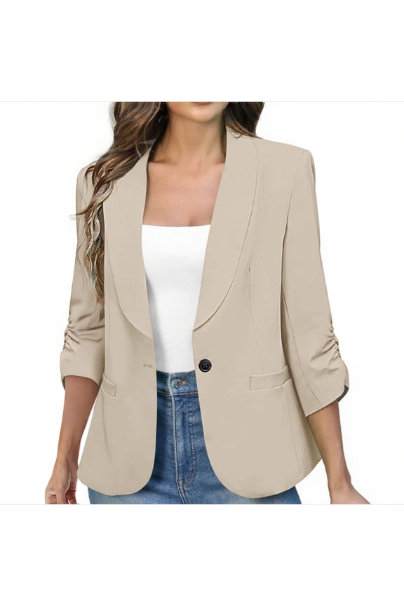 Casual Blazers for Women Ruched 3/4 Sleeve One Button Blazer Solid Open Front Jackets Lightweight Slim Fit Laple Business Work Office Blazer Coat Beige Medium