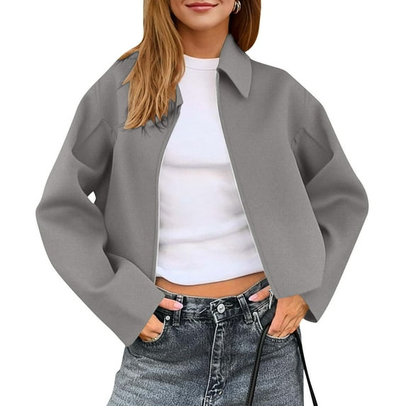 WMTBSRSW Casual Jackets for Women Oversized Full Zip Up Jackets Solid Lightweight Lapel Long Sleeve Coat Fall Winter Outwear with Pockets L