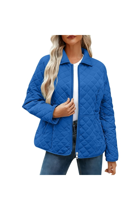 Casual Quilted Coat for Women Lightweight Solid Long Sleeve Padded Cardigan Jackets Loose Warm Lapel Button Down Outwear No Hood Blue X-Large