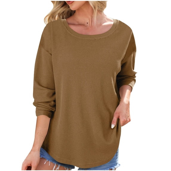 WMTBSRSW Casual Sweatshirt for Women Loose Waffle Knit Crewneck Pullover Tops Lightweight Solid Long Sleeve Blouse Fall Basic Clothes Khaki S