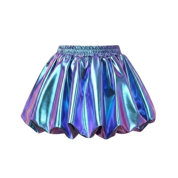 WMTBSRSW Christmas Girls Metallic Puffy Skirt Kids Shiny High Waist A Line Mini Skort with Built in Shorts Party Dance Blue 12-13 Years