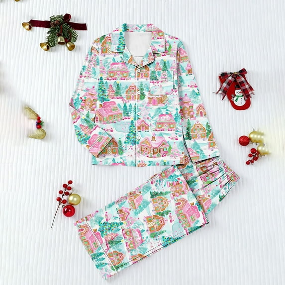 WMTBSRSW Christmas Pajamas for Women Set Button Down Long Sleeve Shirts and Pants Set Soft Casual Cute Xmas Print Pjs Sleepwear Pink8 M