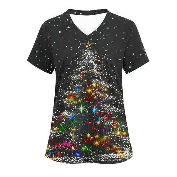 WMTBSRSW Christmas Scrub Tops Women Pockets Short Sleeve Working Uniform Funny Xmas Tree Print Medical Scrub Shirts Stretchy V-Neck Scurbs Green M