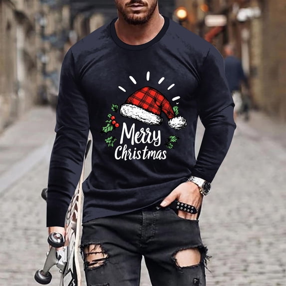 WMTBSRSW Christmas Tops for Men Santa Claus and Letter Print Long Sleeve Shirts Loose Casual Basic Tee Holiday Crewneck Blouse Navy L