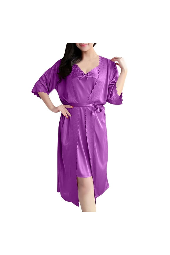 Free Size Robes Set for Womens Nightgown and 3/4 Sleeve Robe Set 2 Piece 3/4 Sleeve Ruffle Kimono Bathrobe Sets Spaghetti Strap Cami Sleepdress Sleepwear