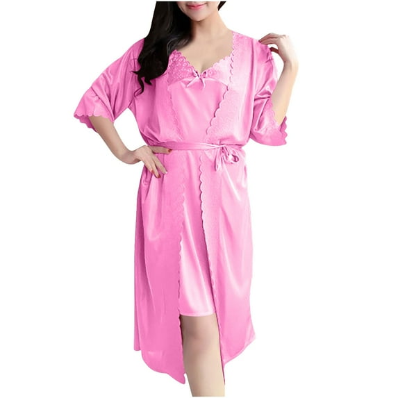 WMTBSRSW Free Size Robes Set for Womens Nightgown and 3/4 Sleeve Robe Set 2 Piece 3/4 Sleeve Ruffle Kimono Bathrobe Sets Spaghetti Strap Cami Sleepdress Sleepwear