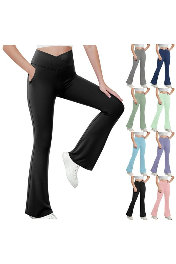 Girls Flare Leggings Crossover High Waisted Bootcut Yoga Pants Bell Bottoms Tummy Control Workout Dance Athletic Pants 5-15 Years