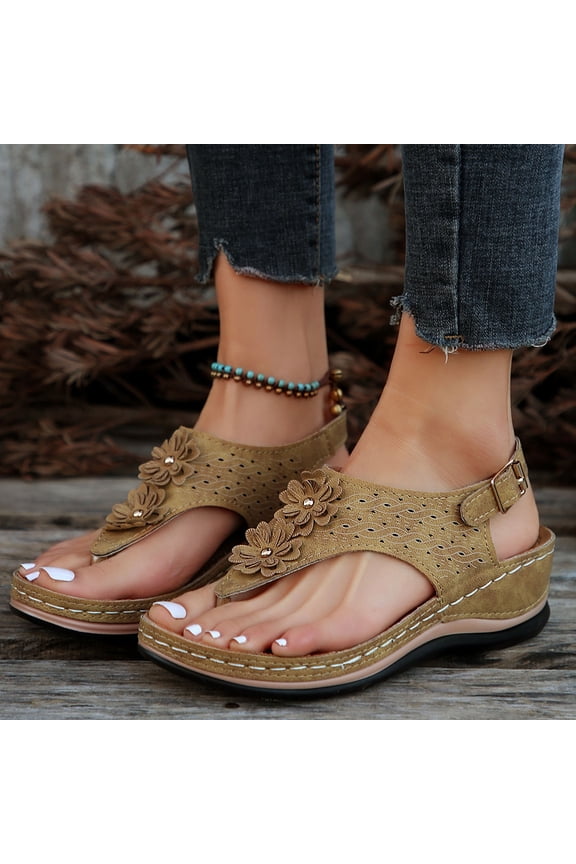 Orthopedic Sandals for Women Wide Width Comfort Orthotic Flip Flops with Ankle Strap Arch Support Wedge Sandals 3D Flower Walking Thong Sandals Summer Slip on Beach Shoes