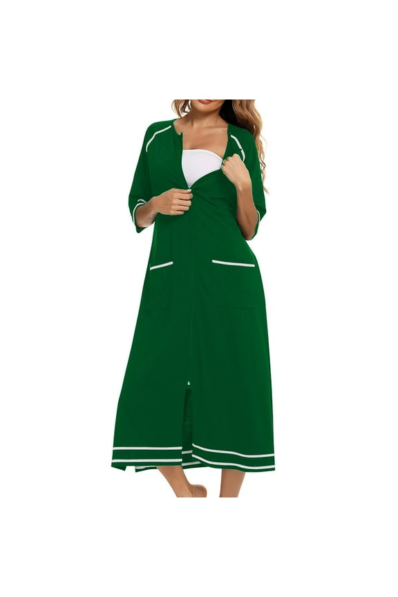 Oversized Nightgowns for Women Striped Zipper Robes with Pockets 3/4 Sleeve Bathrobe Lightweight Drop Shoulder Short Housecoat Soft Loungewear