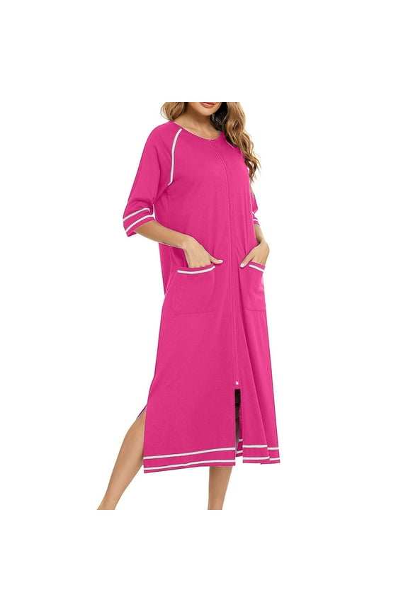 Oversized Nightgowns for Women Striped Zipper Robes with Pockets 3/4 Sleeve Bathrobe Lightweight Drop Shoulder Short Housecoat Soft Loungewear