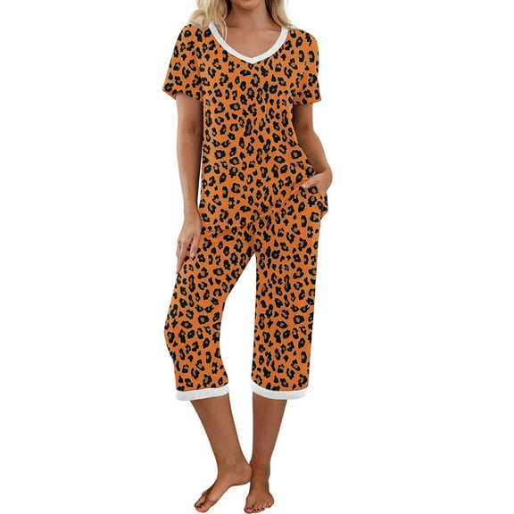 WMTBSRSW Women's Leopard Print Pajamas Set Short Sleeve Sleepwear 2 Piece V Neck Top and Capri Pants Summer Loose Casual Lounge Sets with Pockets S-XXL