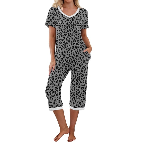 WMTBSRSW Women's Leopard Print Pajamas Set Short Sleeve Sleepwear 2 Piece V Neck Top and Capri Pants Summer Loose Casual Lounge Sets with Pockets S-XXL