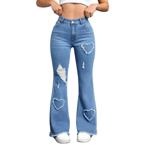 WMTBSRSW Bell Bottom Jeans for Women High Waisted Stretchy Flare Jeans Love Heart Graphic Distressed Denim Pants with Pockets Streetwear