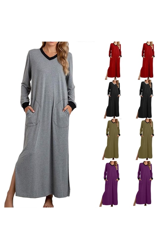 Womens Nightgown with Pockets V Neck Nightshirts Long Sleeve Soft Sleepwear Side Split Nightwear Loose Nightdress Loungewear Black L