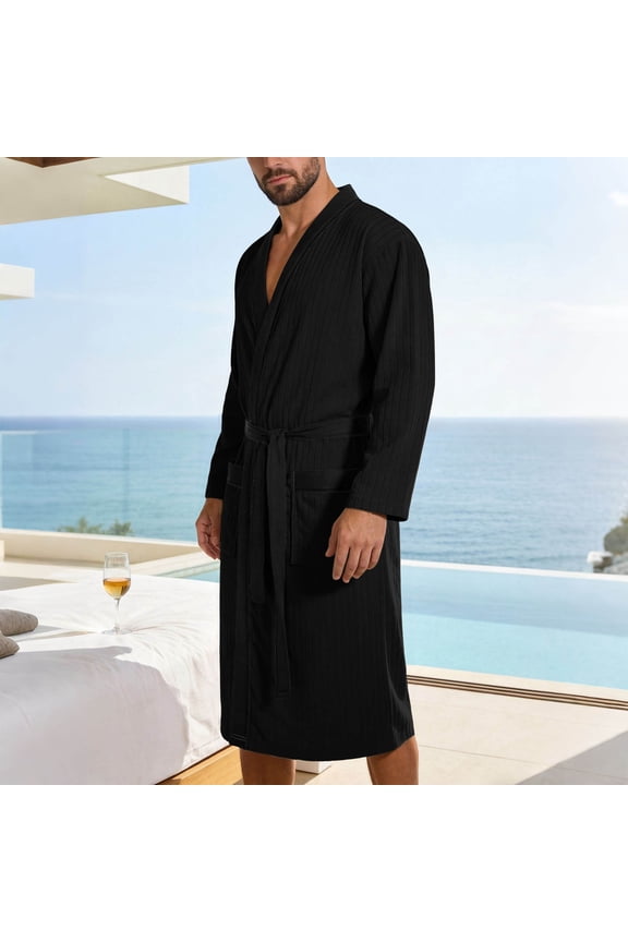Color Block Kimono Robe with Belt Texture Long Sleeve Bathrobe Lightweight Spa Robes with Pockets Black XX-Large
