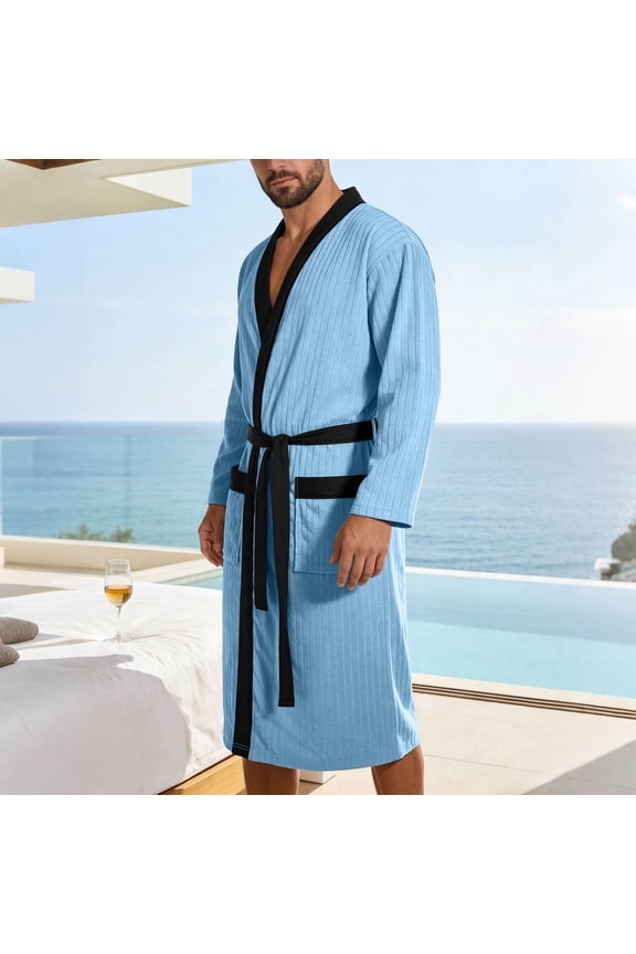 Color Block Kimono Robe with Belt Texture Long Sleeve Bathrobe Lightweight Spa Robes with Pockets Sky Blue XX-Large