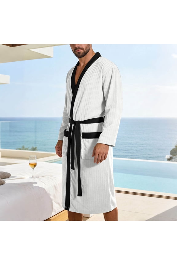 Color Block Kimono Robe with Belt Texture Long Sleeve Bathrobe Lightweight Spa Robes with Pockets White X-Large