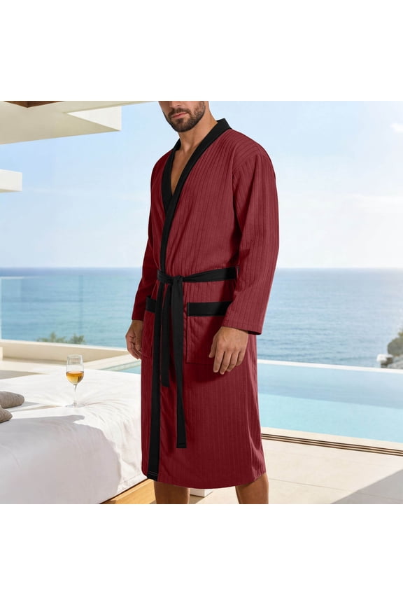 Color Block Kimono Robe with Belt Texture Long Sleeve Bathrobe Lightweight Spa Robes with Pockets Wine Large