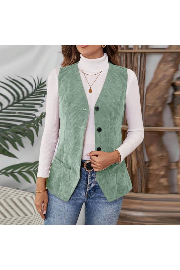 Corduroy Blazer Vest for Women Fashion V Neck Sleeveless Coat Lightweight Button Down Cardigan Jackets Fall Outwear Mint Green Large