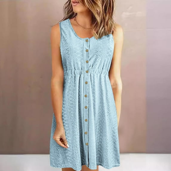 WMTBSRSW Dresses for Women 2024 Casual Spring Summer Casual V Neck Button Eyelet Beach Midi Dress Elegant Sleeveless Club Party Tunic Bodycon Dresses