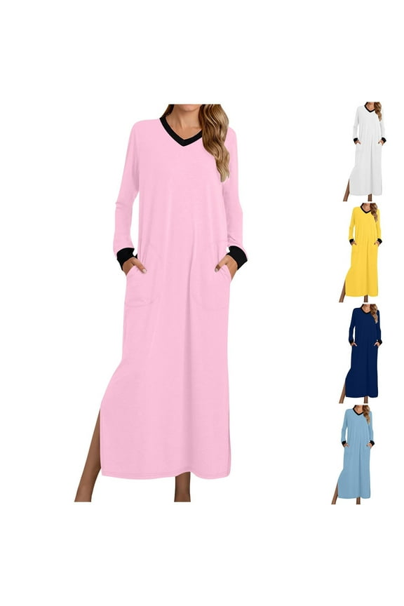 Dresses for Women Casual Spring Summer Fall Winter Long Sleeve Nightgown V Neck Long Nightshirts Full Length Sleep Shirts Side Slit Sleepwear with Pocket