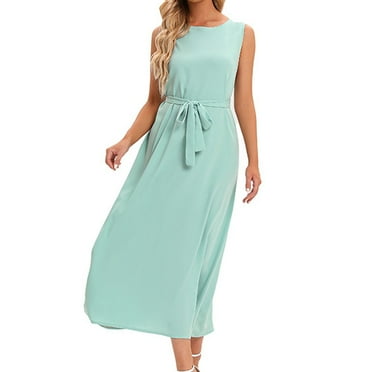 WMTBSRSW Dresses for Women 2024 Casual Spring Summer Sleeveless Waist Tied Loose Maxi Dress Solid Color Crew Necked Casual Fashion Ladies Long Dres Prime Day