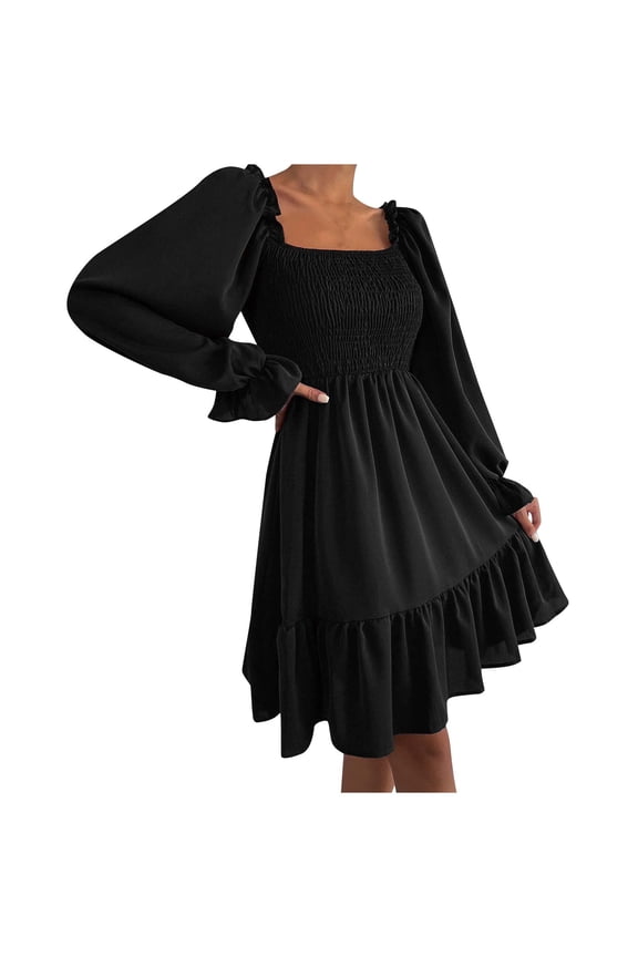 Dresses for Women 2024 Casual Spring Summer Square Neck Chiffon Long Sleeve Prom Dresses Solid Color Ruffle Hem Flowy Party Mini Babydoll Dress