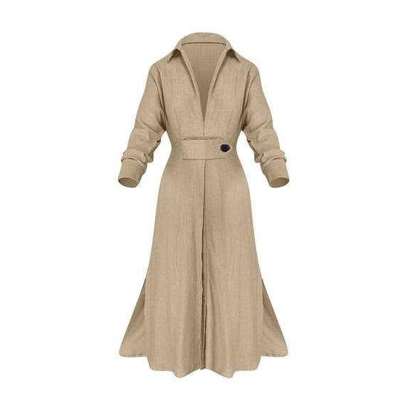 WMTBSRSW Dresses for Women Fall Winter Vintage Elegant Long Sleeve Lapel V Neck Dress Casual Solid Irregular Hem Button Waisted formal Maxi Shirt Dress