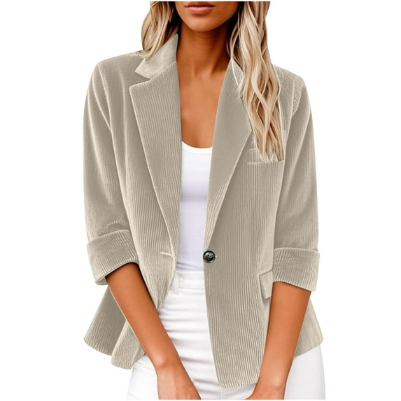 WMTBSRSW Fall Corduroy Shacket for Women Fashion 3/4 Sleeve Office Blazer Jackets Solid Casual Slim Fit Lapel Petite Outfits for Work Beige M