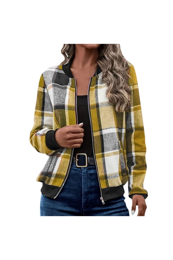 Fall Jackets for Women Fashion Plaid Zip up Coat with Pockets Casual Smock Neck Long Sleeve Jackets Yellow