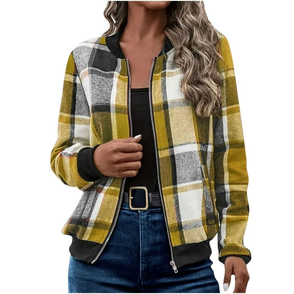 WMTBSRSW Fall Jackets for Women Fashion Plaid Zip up Coat with Pockets Casual Smock Neck Long Sleeve Jackets Yellow
