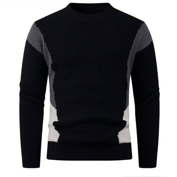 WMTBSRSW Fashion Patchwork Sweater for Men Stretcy Color Block Cable Knit Sweater Smock Neck Long Sleeve Pullover Jumper Black XXXL