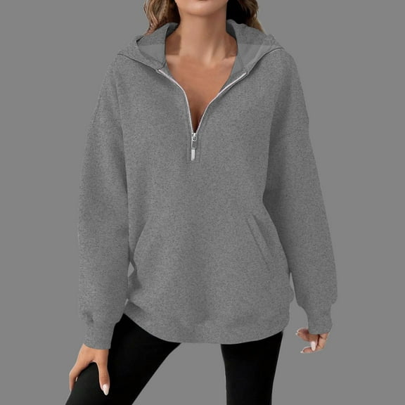 WMTBSRSW Fashion Qualter Zipper Pullover Tops for Women Casual Half Zip Hoodies with Pocket Oversized Deep V Neck Hooded Sweatshirts Gray Medium