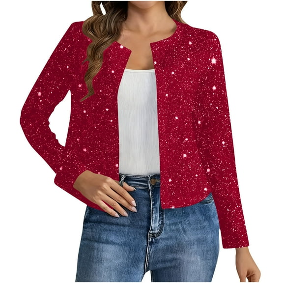 WMTBSRSW Fashion Silm Fit Sequin Open Fron Cropped Jackets for Women Casual Crewneck Short Cardigan Elegant Shrug Bolero for Dress