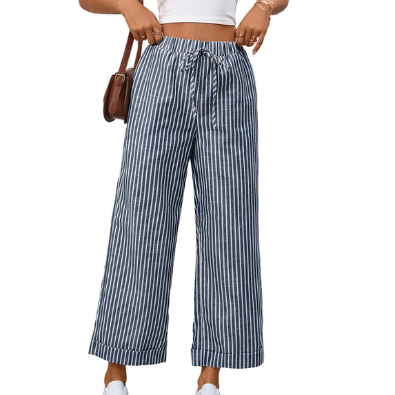 WMTBSRSW Fashion Striped Pants for Women Loose Casual Wide Leg Pants Lightweight Drawstring Baggy Palazzo Ankel Trousers Navy Large