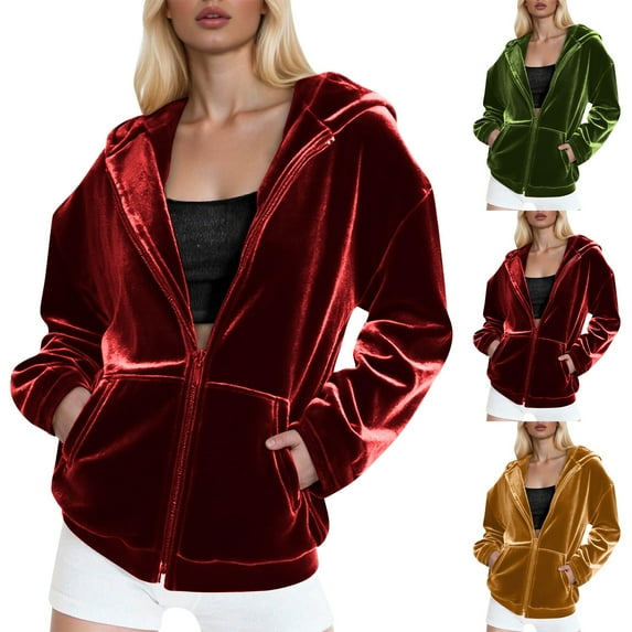 WMTBSRSW Fashion Velvet Hooded Sweatshirt for Women Long Sleeve Full Zipper Outerwear Soft Warm Velour Jacket with Pockets Gold Large