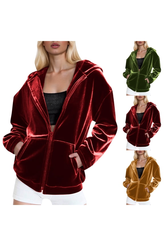 Fashion Velvet Hooded Sweatshirt for Women Long Sleeve Full Zipper Outerwear Soft Warm Velour Jacket with Pockets Gold Medium