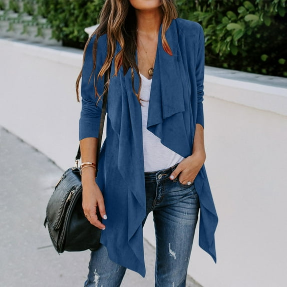 WMTBSRSW Faux Suede Cardigan Jacket for Women Lightweight Ruffle Casual Open Front Cardigan Irregular Hem Long Sleeve Lapel Coat Fall Fashion Trendy Clothes XXL