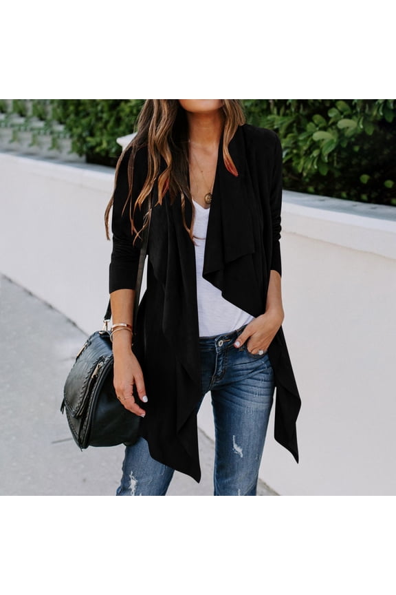 Faux Suede Cardigan Jacket for Women Lightweight Ruffle Casual Open Front Cardigan Irregular Hem Long Sleeve Lapel Coat Fall Fashion Trendy Clothes M