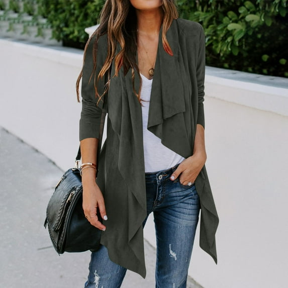 WMTBSRSW Faux Suede Cardigan Jacket for Women Lightweight Ruffle Casual Open Front Cardigan Irregular Hem Long Sleeve Lapel Coat Fall Fashion Trendy Clothes S