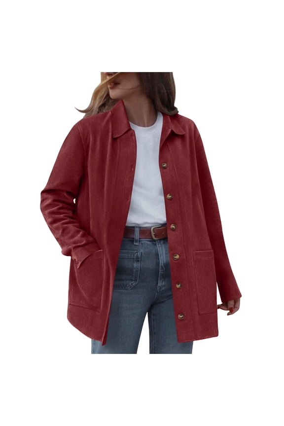Faux Suede Jacket for Women Fall Fashion Long Sleeve Button Down Shackets Jackets Winter Lapel Coats Outerwear with Pockets S