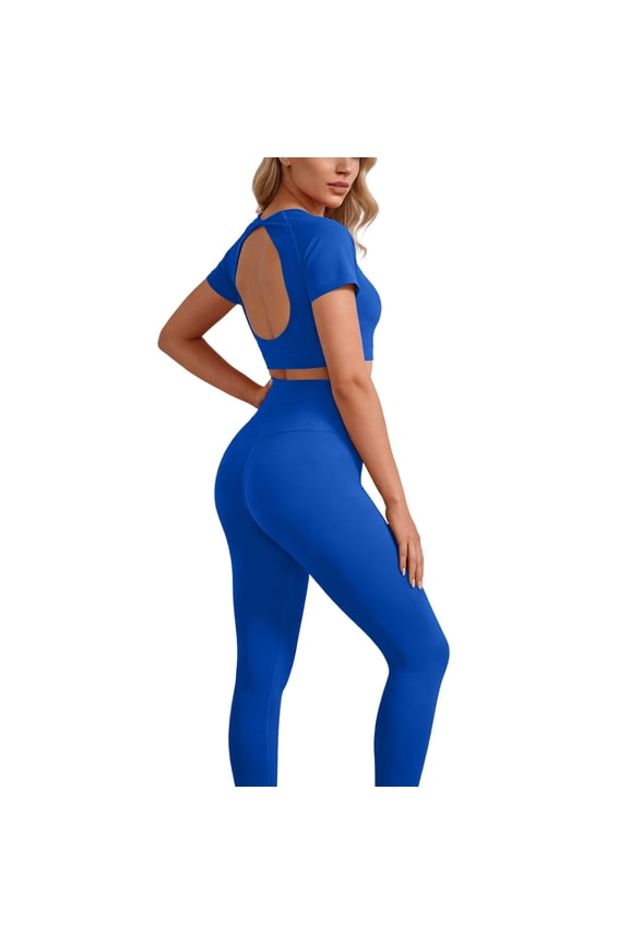 Fitted Workout Sets for Women Two Piece Short Sleeve Srop Tops Matching High Waist Leggings Sets Stretchy Seamless Backless Yoga Gym Outfits Blue Medium